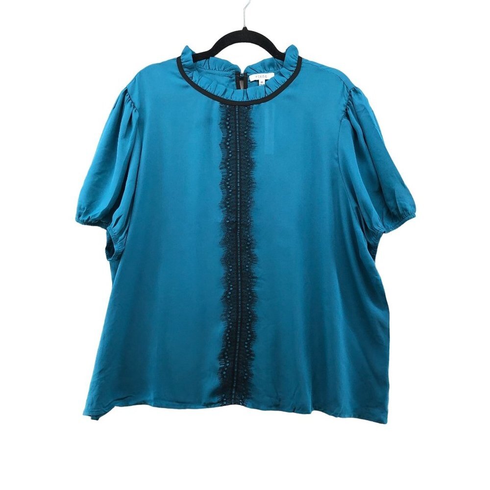 NWT Reese Short Sleeve Blouse Womens‎ 3X Blue Ruffle Neckline Chiffon Lace